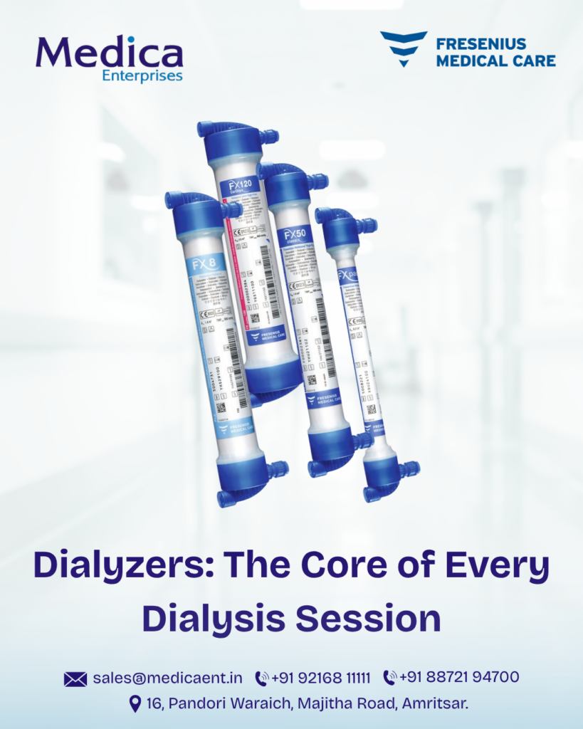 A clean medical poster showing blue and white dialyzer cartridges for dialysis, branded with Medica Enterprises and Fresenius Medical Care, with the headline “Dialyzers: The Core of Every Dialysis Session”.